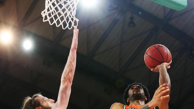 Taipans' Melo Trimble drives straight to the basket in the National Basketball League (NBL) match between the Cairns Taipans and Melbourne United, held at the Cairns Convention Centre. PICTURE: BRENDAN RADKE.