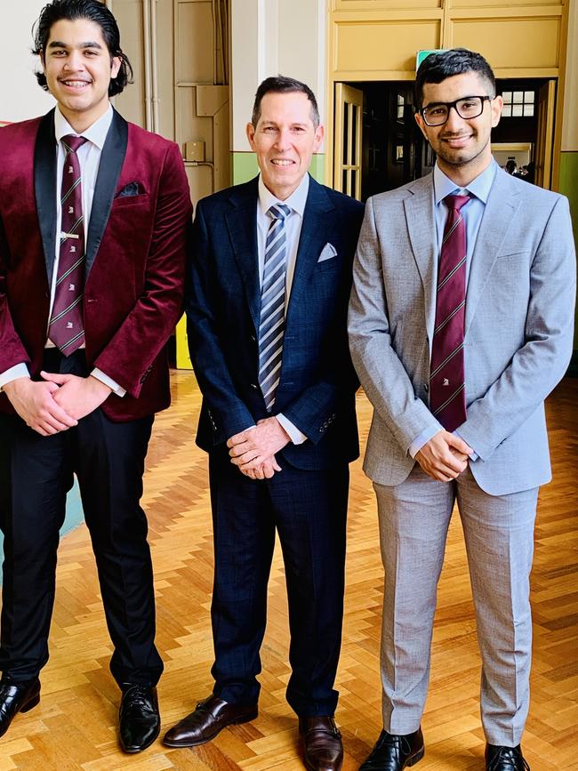 Melbourne High School students Anish Narayan and Uday Parmar with principal Tony Mordini. Picture: Supplied