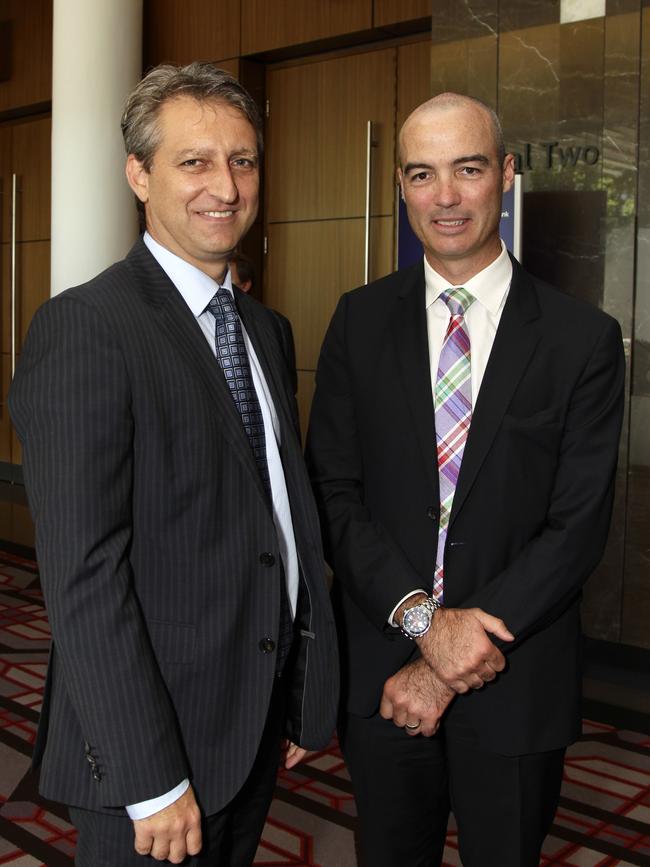 Crown Perth chief executive Lonnie Bossi, left, with former CLO Joshua Preston. Picture: Marie Nirme