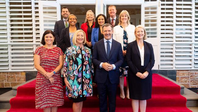 The Gunner Cabinet of the 14th Legislative Assembly of the Northern Territory. Back Row: CHANSEY PAECH, KATE WORDEN, PAUL KIRBY. Middle Row: SELENA UIBO, LAUREN MOSS, EVA LAWLER. Front Row: NATASHA FYLES, Her Honour the Honourable Vicki O'Halloran AO, Administrator of the Northern Territory, MICHAEL GUNNER, NICOLE MANISON. Picture: Che Chorley