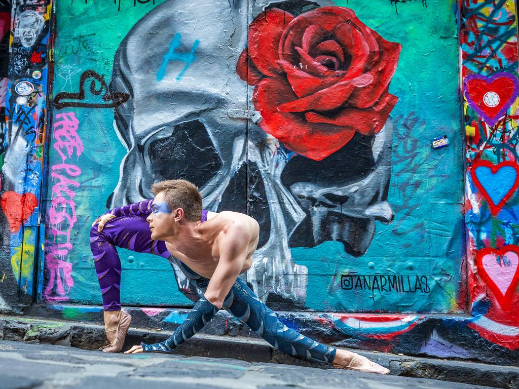 Contortionist Aleksei Goloborodko performs in Melbourne’s laneways in preparation for Cirque du Soleil's Luzia. Picture: Jake Nowakowski