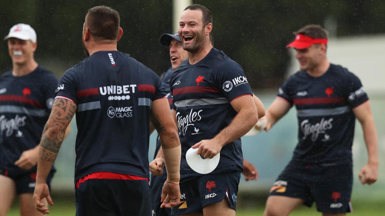 Boyd Cordner during Sydney Roosters (centre) training at Kippax Lake, Moore Park. Angus Crichton (far right) also trained. Picture: Brett Costello