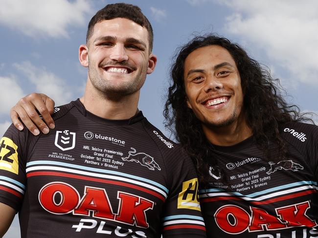 **** ON HOLD DO NOT USE   ***  SPEAK TO THE DAILY TELEGRAPH PIC DESK BEFORE USING.     DAILY TELEGRAPH SEPTEMBER 26, 2023. Nathan Cleary and Jarome Luai ahead of the Penrith Panthers grand final against the Broncos. Picture: Jonathan Ng