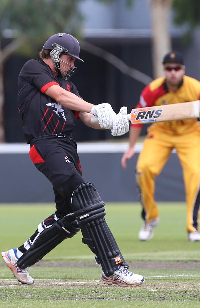 Essendon’s hard-hitting opener James Seymour goes on the attack. Picture: Hamish Blair