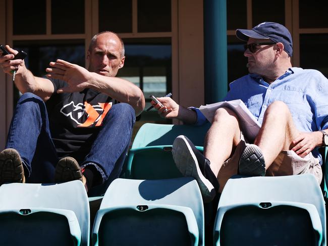 Tony Lockett talks with the Herald Sun’s chief footy writer Mark Robinson. Picture: Michael Klein