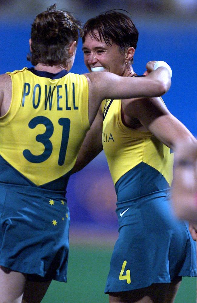 Alyson Annan and Katrina Powell as gold medal winning teammates at the Sydney Olympics in 2000.