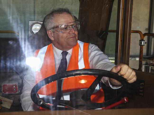 Scott Morrison makes a visit to the BHP FutureFit Academy in Welshpool. The Prime Minister inspects a BHP Haul Truck. Picture: Michael Wilson