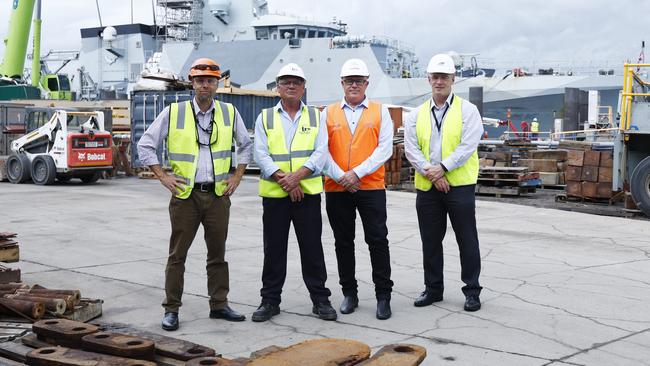 The Queensland Government has announced an additional $30 million in funding for the Cairns Marine Precinct, on top of the $150 million already committed. Norship CEO Olav Groot, Tropical Reef Shipyard managing director Robert Downing, Austal general manager Phil Growden and Norsta general manager Colin Ford at the Tropical Reef Shipyard. Picture: Brendan Radke