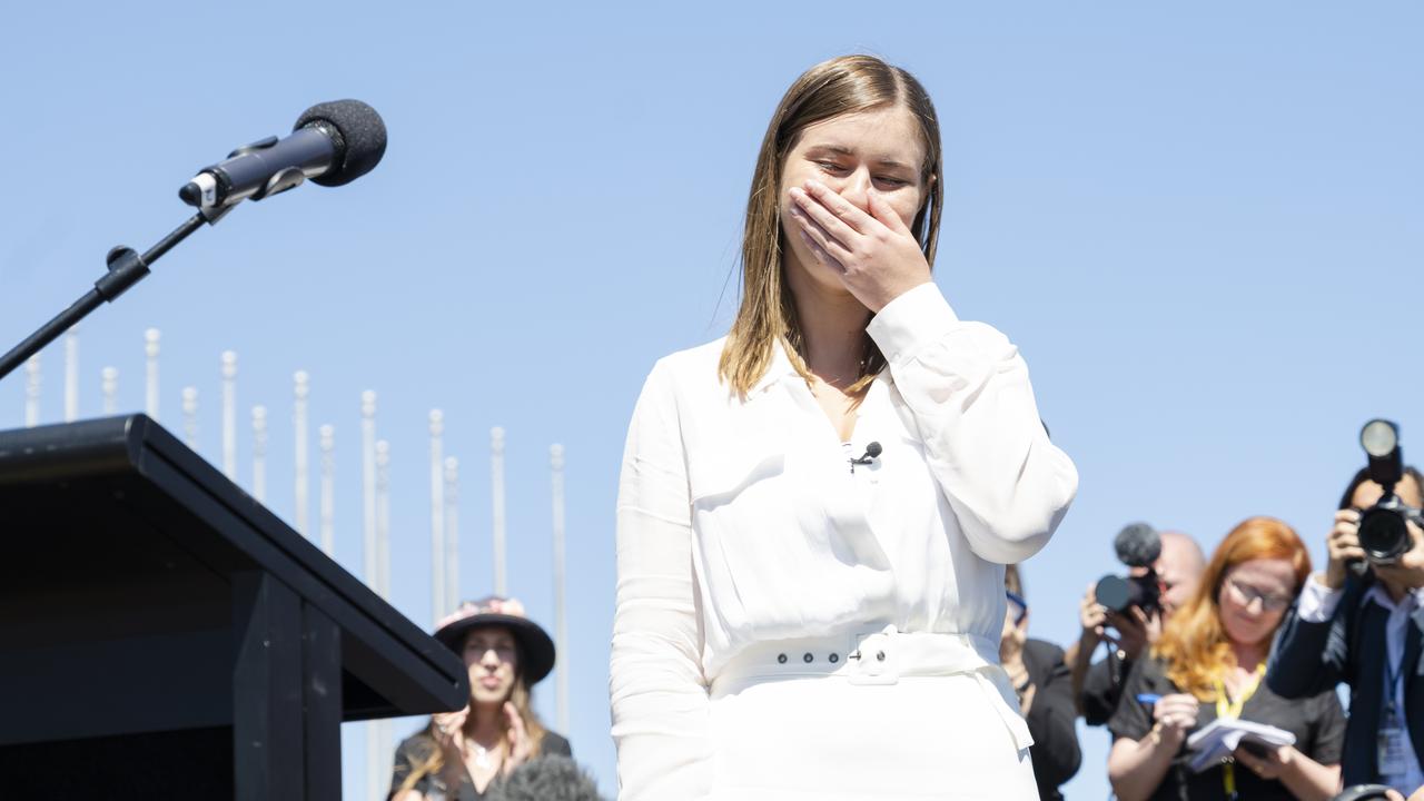 Brittany Higgins speaks at the Canberra Women’s March 4 Justice on March 15, 2021 in Canberra. Picture: Jamila Toderas/Getty Images