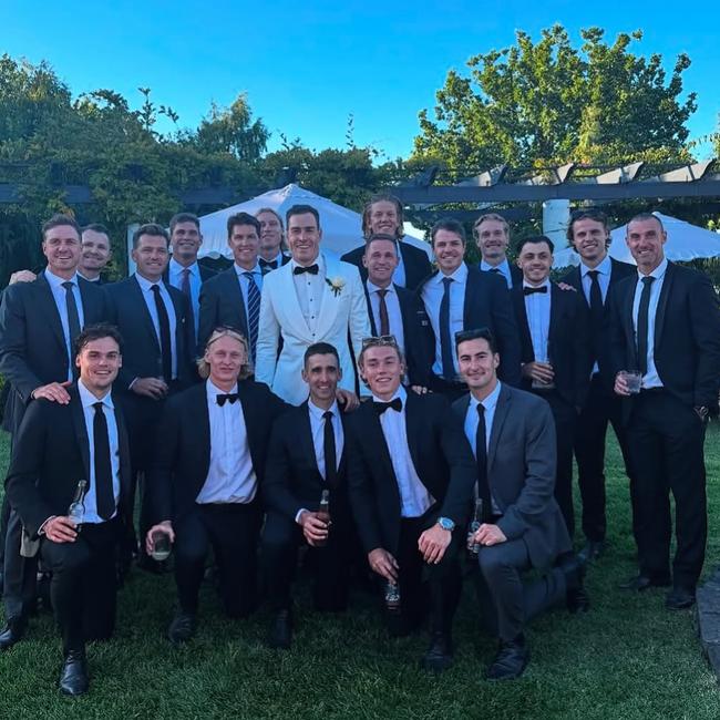 Jeremy Cameron with current and past Cats players at his wedding. Picture: Instagram