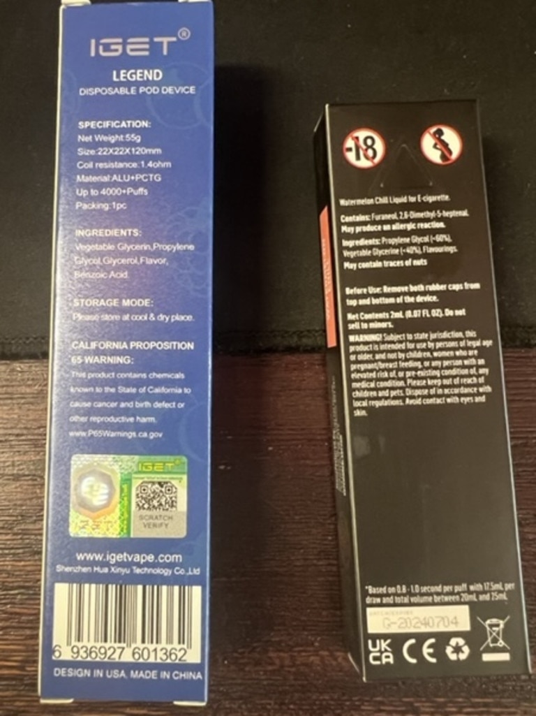 On the left: An illegal nicotine vape containing benzoic acid purchased from Bundaberg Tobacco and Gifts, which was raided in June. On the right: A legal vaping product from iVape.