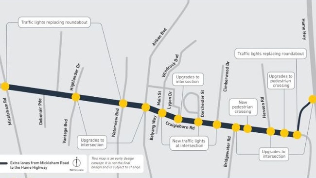 An early design concept of Craigieburn Rd under the State Government’s Northern Roads Upgrade package. Image: Major Road Projects Victoria (roadprojects.vic.gov.au).