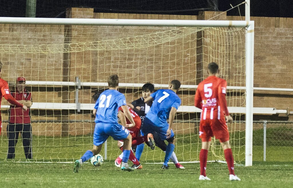 Thunder score their first goal. Picture: Nev Madsen