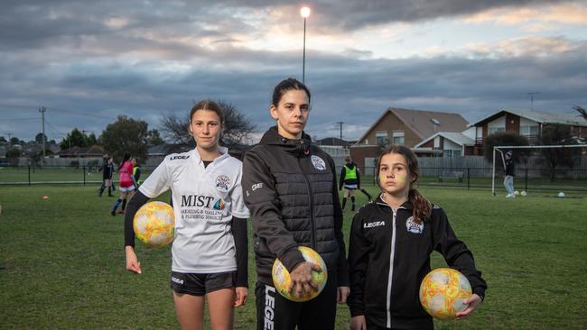 North Geelong players Evie Stosic, Luisa Kump and Mia Lo Presti training at Hume Reserve, Bell Park. Picture: Brad Fleet