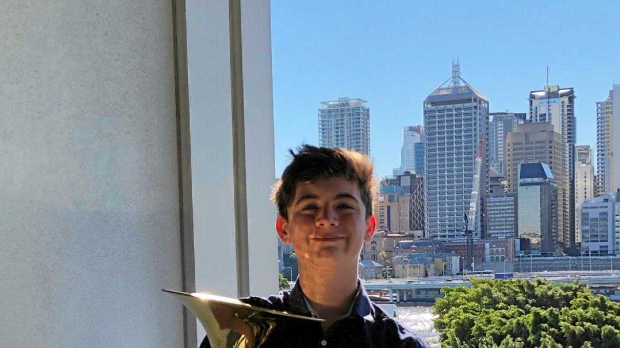 MUSICAL GIFT: Brayden Black, 14, will attend the Queensland Conservatorium this weekend, courtesy of Rural Aid's Gift of Music. Last year the young musician was hit by a car and his French horn was destroyed. Picture: Contributed