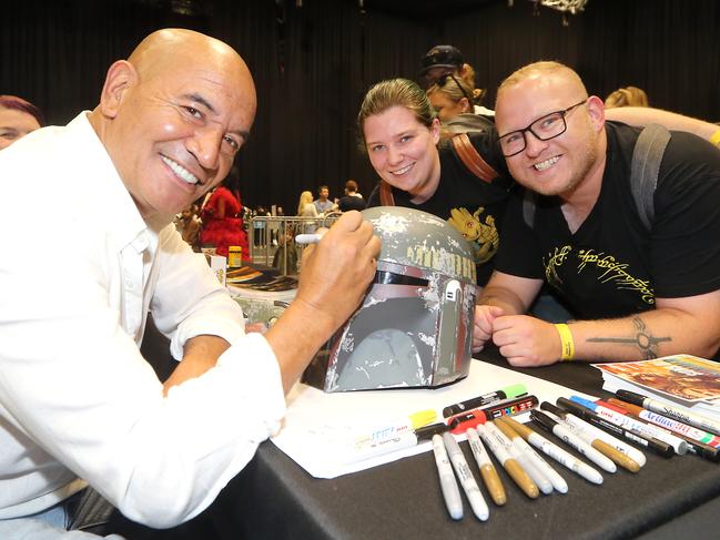 SupaNova Pop Culture Convention.Sam Vanes and Josh Reardon with actor Tramura Morrison.16 April 2023 Broadbeach Picture by Richard Gosling