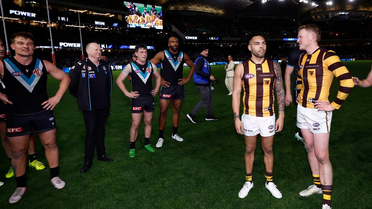 Ken Hinkley unleashed after the final siren. (Photo by Michael Willson/AFL Photos via Getty Images)