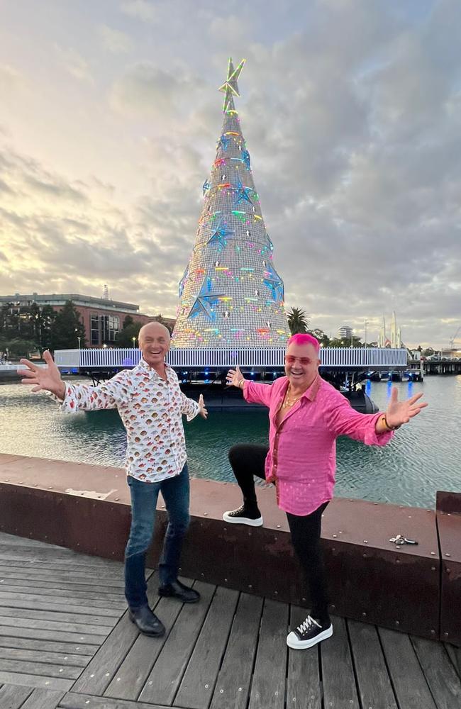 Darryn Lyons and Stretch Kontelj admire the floating Christmas tree that debuted in 2014 when the pair served on Geelong council.