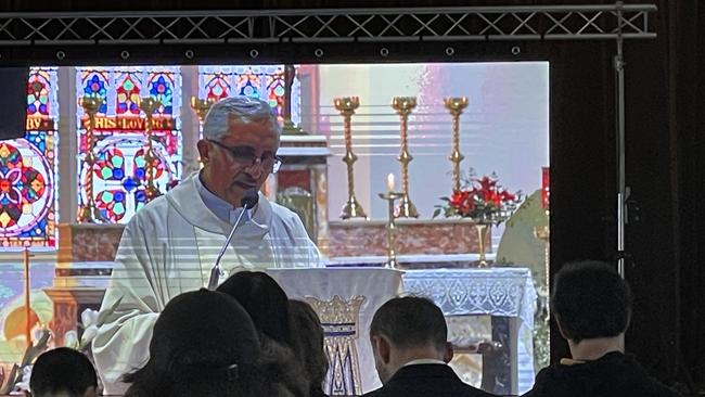 Priest Wahid Riad speaks at the funeral of Dallas Keogh-Frankling. The under-18 footballer lost his life after an away game at Kyneton in May. Picture: Julieanne Strachan