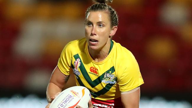 YORK, ENGLAND - NOVEMBER 02: Samantha Bremner of Australia in action during the Women's Rugby League World Cup 2021 Pool B match between Australia Women and Cook Islands Women at LNER Community Stadium on November 02, 2022 in York, England. (Photo by Jan Kruger/Getty Images for RLWC)