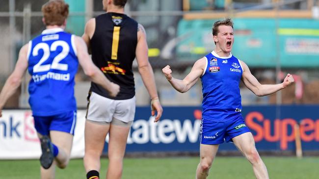 St Peter’s Edward Colley celebrates kicking a goal against Brighton in the division two grand final. Picture: Tom Huntley