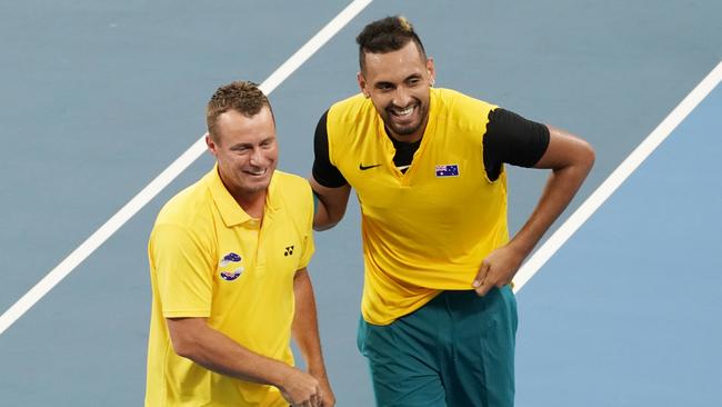 Lleyton Hewitt (L) and Nick Kyrgios after the quarter-final win. Picture: AAP/Mark Evans