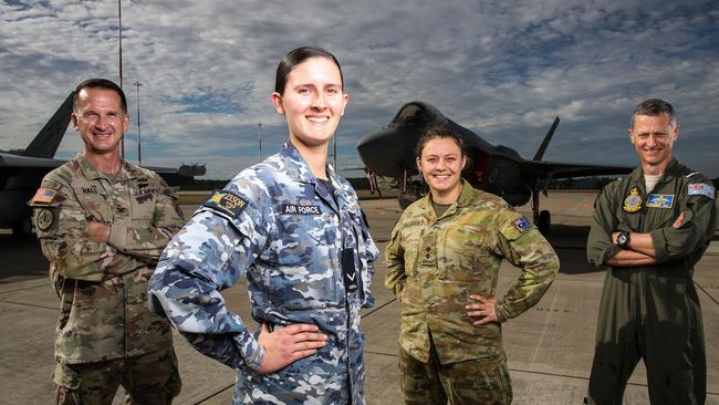 Colonel Jerry Hall from Headquarters US Army Pacific, Leading Aircraft Women Rebecca Lowry from 23 Squadron, Lieutenant Sigourney Williamson from Headquarters Joint Operations Command and Air Commodore Tim Alsop attended the Exercise Talisman Sabre opening ceremony at RAAF Base Amberley. Picture: Zak Simmonds