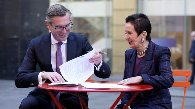 Treasurer Dominic Perrottet and Sydney Lord Mayor Clover Moore at Martin Place in Sydney, NSW. Picture: Damian Shaw