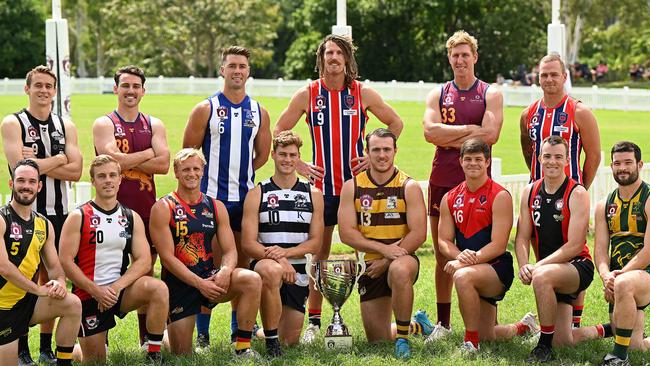 26/03/2023: QAFL captains Front L-R Matt Lee (Labrador), Sam Godfrey (Morningside), Seb Rogers (Noosa), Ryan Gilmore (Broadbeach), Brandon Bathelor (Aspley), Harrison Fraser (Surfers Paradise), Scott Miller (Redland VP), Josh Govan (Maroochydore). Back L-R, William Fletcher (Sherwood), Tom Thynne (Palm Beach) , Jonah Locht (My Gravatt), Matt Eagles (Wilston Grange), Jon Croad (Palm Beach) , Kailem Baker (Wilston Grange) . pic Lyndon Mechielsen/Courier Mail