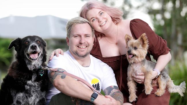 Thomas McNamara and Madeline Scott, pictured with dogs Dexter and Oliver, are among a growing number of young couples that do not plan to have children. Picture: Steve Pohlner