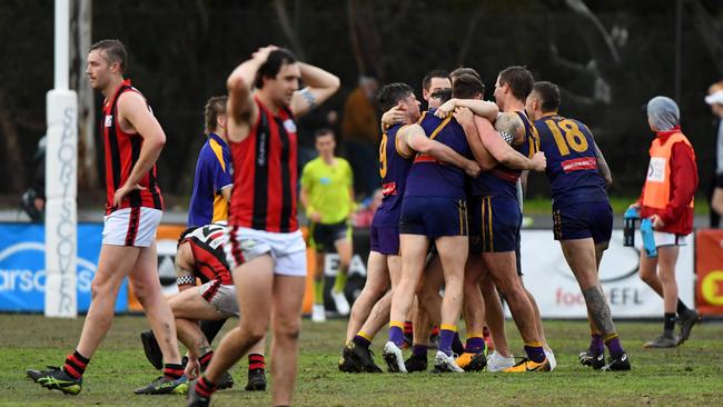 Vermont players react after winning the 2019 EFL Premier division grand final at Bayswater Oval. Picture: AAP/James Ross.