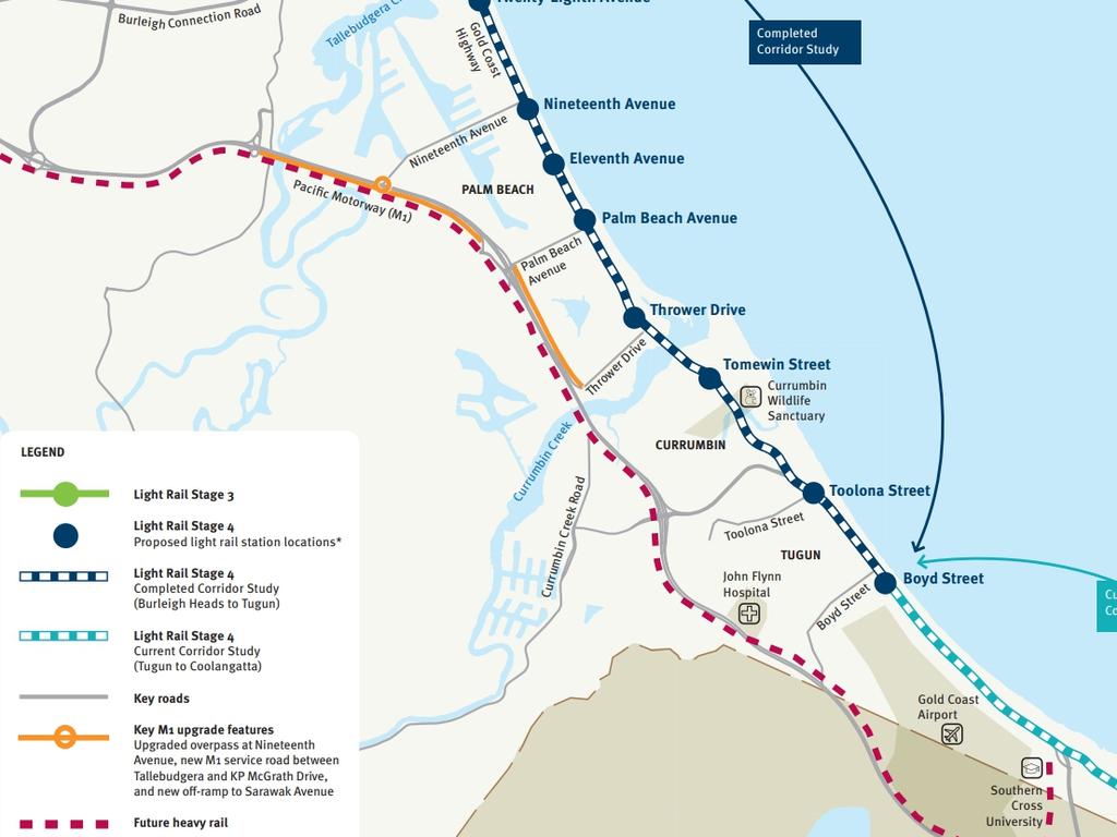 Map showing the route for light rail Stage Four on the Gold Coast.