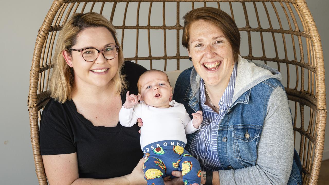 Elousie Quinlivan (left) and Kim Clancy with their baby son Quinn Clancy, Monday, April 18, 2022. Picture: Kevin Farmer