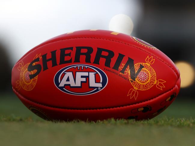 WARNING WARNING CONTACT HERAL SUN BEFORE USE WARNING WARNING  MELBOURNE. 19/05/2022..   Sherrin football which will be used in all games over the Sir Doug Nicholls rounds designed by Auntie Jennifer Louise (Lulu) Coombes       . Photo by Michael Klein