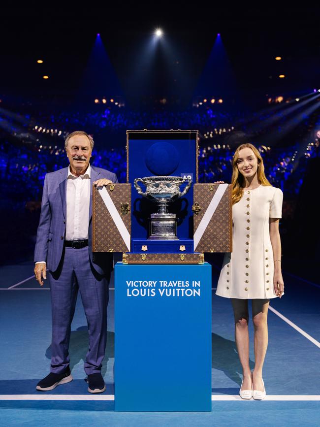 Bridgerton's Phoebe Dynevor (a friend of Louis Vuitton) presents the Norman Brookes Challenge Cup trophy at the men's final of the Australian Open in January.