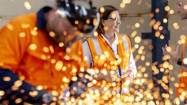BRISBANE, AUSTRALIA - NewsWire Photos October 7, 2020: Queensland opposition leader Deb Frecklington speaks with Des Watkins MD (right) of Brisbane based steel fabrication company Watkins Steel. The company uses cutting edge technology and is employing more Queenslanders as it expands. Picture: NCA NewsWire / Sarah Marshall