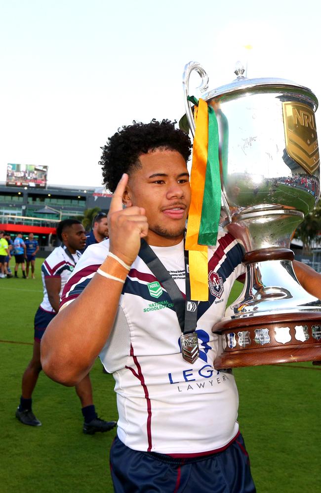 National Schoolboys Cup rugby league grand final between Ipswich SHS (white shirt) and Patrician Brothers Fairfield. Ipswich captain Josiah Pahulu - Redcliffe 14th September 2022 Picture David Clark