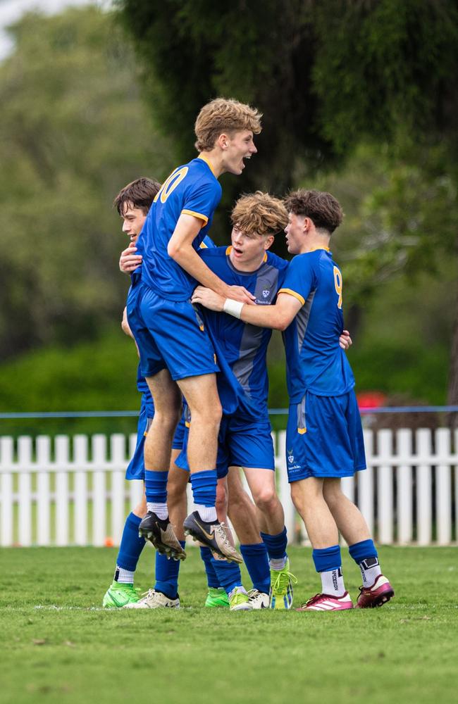 GPS First XI football action between Churchie and Brisbane State High School on Saturday May 25, 2024.