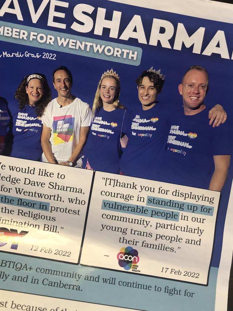 An ad for Dave Sharma in a recent edition of the LGBTI publication Star Observer highlighting his work protecting trans youth.