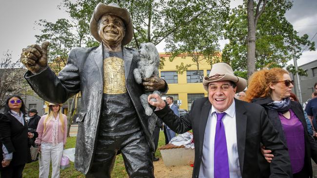 Molly Meldrum at the unveiling of his statue near the Corner Hotel in Richmond in 2018. Picture- Nicole Cleary