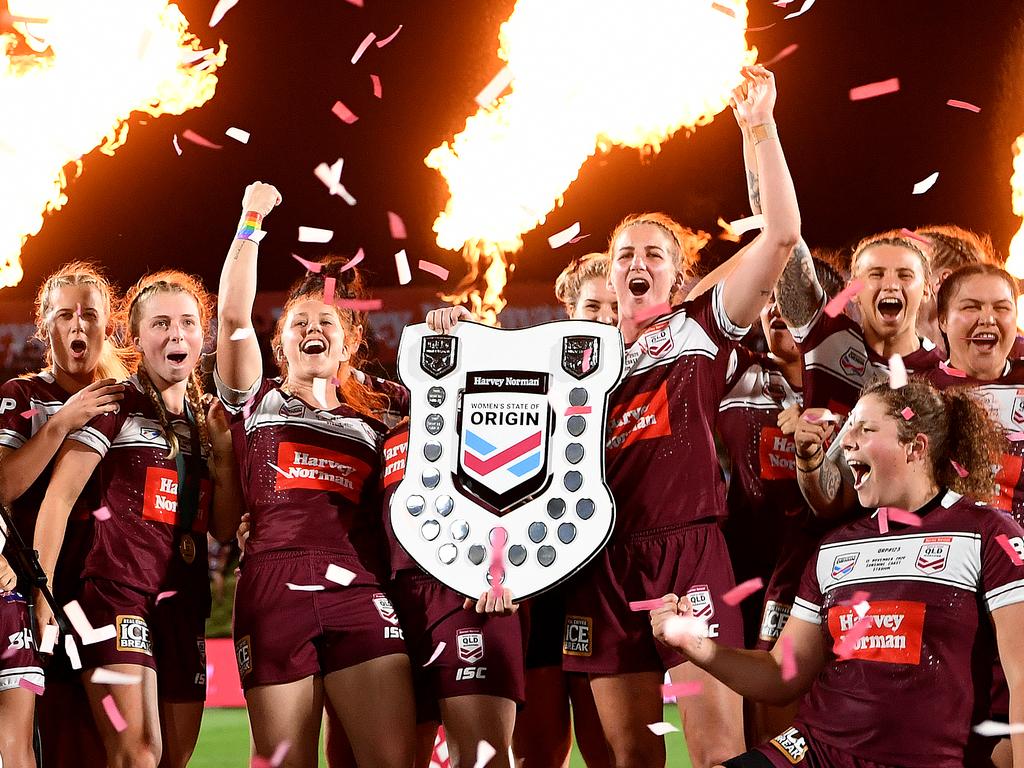 Maroons players celebrate their win during the Women's State of Origin match between Queensland and New South Wales at Sunshine Coast Stadium. Picture: Dan Peled/Getty Images