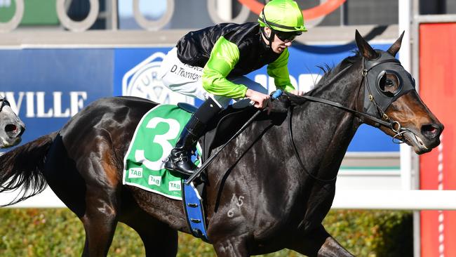 Jockey Damien Thornton rides Realm Of Flowers to victory in race 5, the TAB SA Fillies Classic, at Morphettville Racecourse. Picture: AAP Image/David Mariuz.