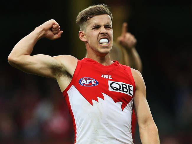 Sydney's Jake Lloyd celebrates a goal during AFL match Sydney Swans v West Coast Eagles at the SCG. Picture. Phil Hillyard