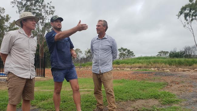 Luke Nixon (centre) talks about plans to rebuild his home which was destroyed by last November's Cobraball bushfires with Crs Adam Belot and Pat Eastwood.