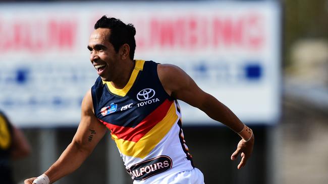 Eddie Betts celebrates a Sam Jacobs goal during the round 14 SANFL match between the Tigers and the Crows. Picture: Getty Images