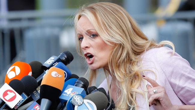 Stormy Daniels speaks to the media outside the Federal Court in Lower Manhattan in 2018. Picture: AFP