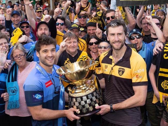 SANFL Captains James Battersby (Sturt) and Max Proud (Glenelg) with the Premiership Cup and fans in Rundle Mall. 23rd September 2023. Picture: Brett Hartwig