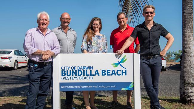 Lord Mayor Kon Vatskalis with architects Alex Quinn, Gingi Engloner, Hully Liveris and Adam Prentice who will help deliver a masterplan for Bundilla Beach. Picture: Pema Tamang Pakhrin