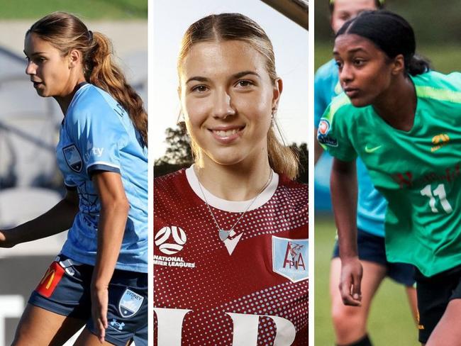 A-League Women's players Indiana Dos Santos Claudia Cicco and Maya Lobo ahead of the 2023/34 season. Picture: Football Australia/Jonathan Ng