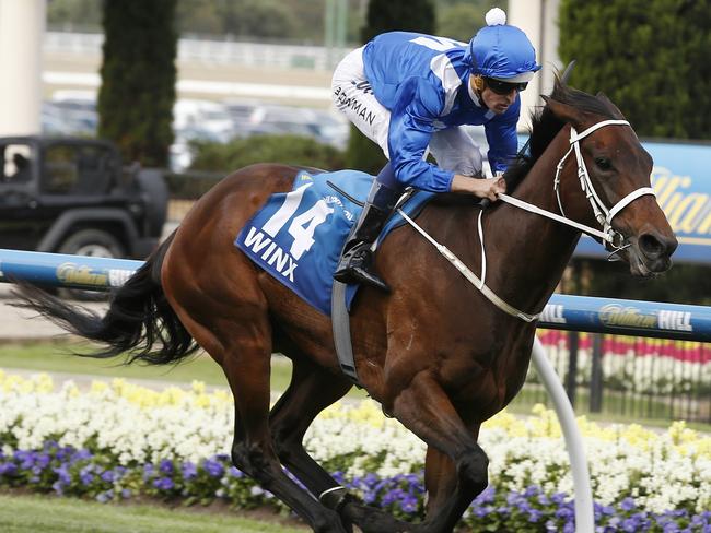 Moonee Valley Races, Race 9, The Cox Plate over 2040 metres. Winx ridden by Hugh Bowman wins the Cox Plate in commanding style . Pic: Michael Klein. 24th of October 2015. Melbourne Australia.